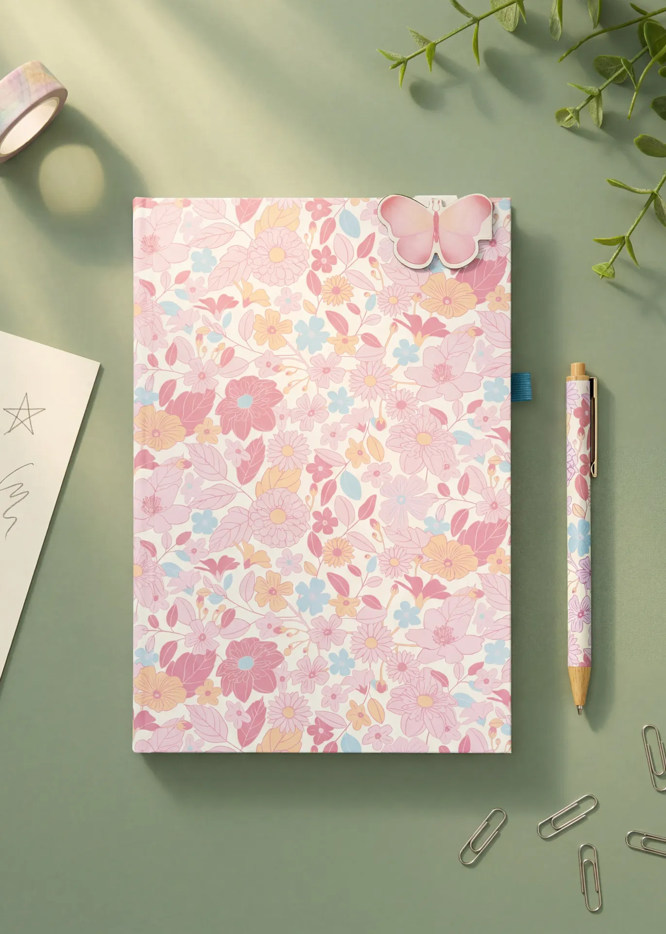 A5 floral notebook with pen and magnetic bookmark