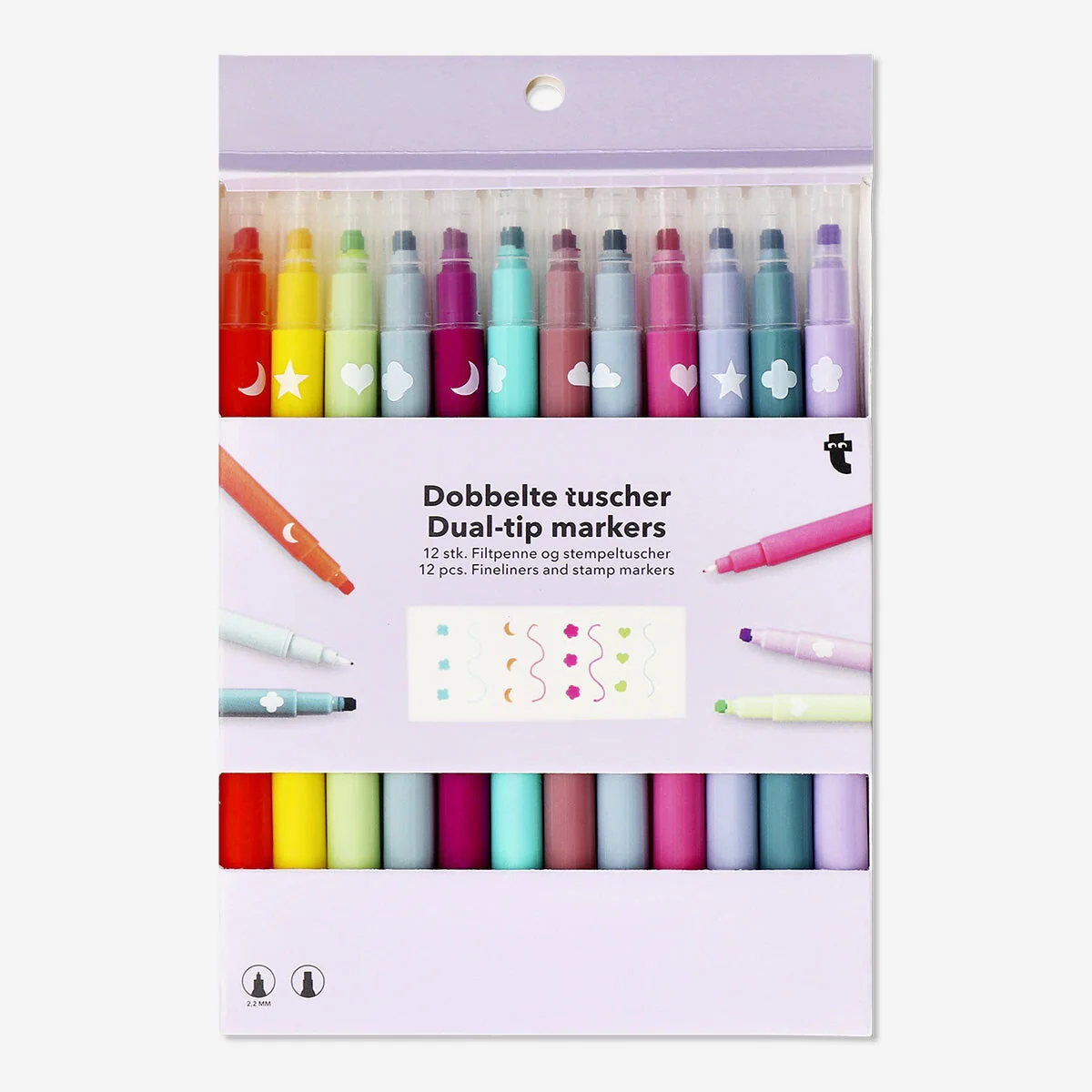 Dual-tip markers with fineliners and stamps - 12 pcs