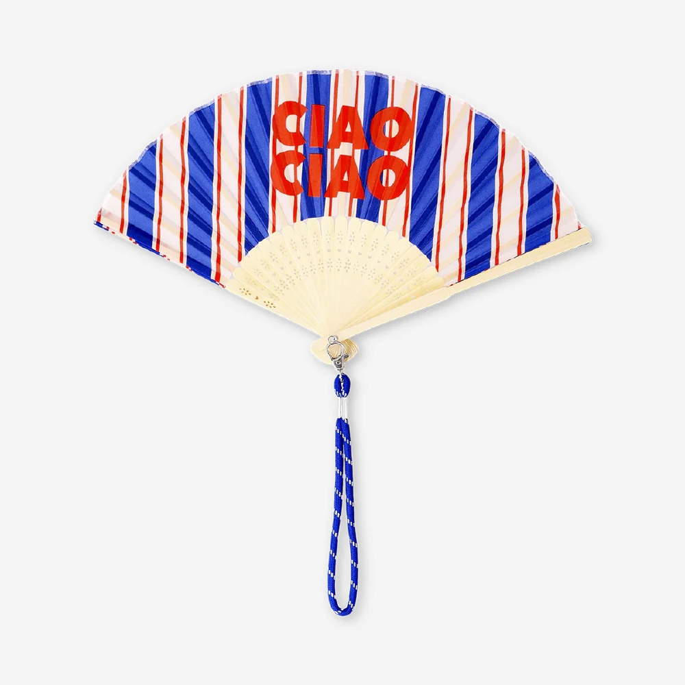 Foldable bamboo fan with a strap - Ciao Ciao print