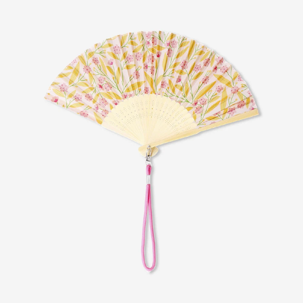 Foldable bamboo fan with a strap - Flower print