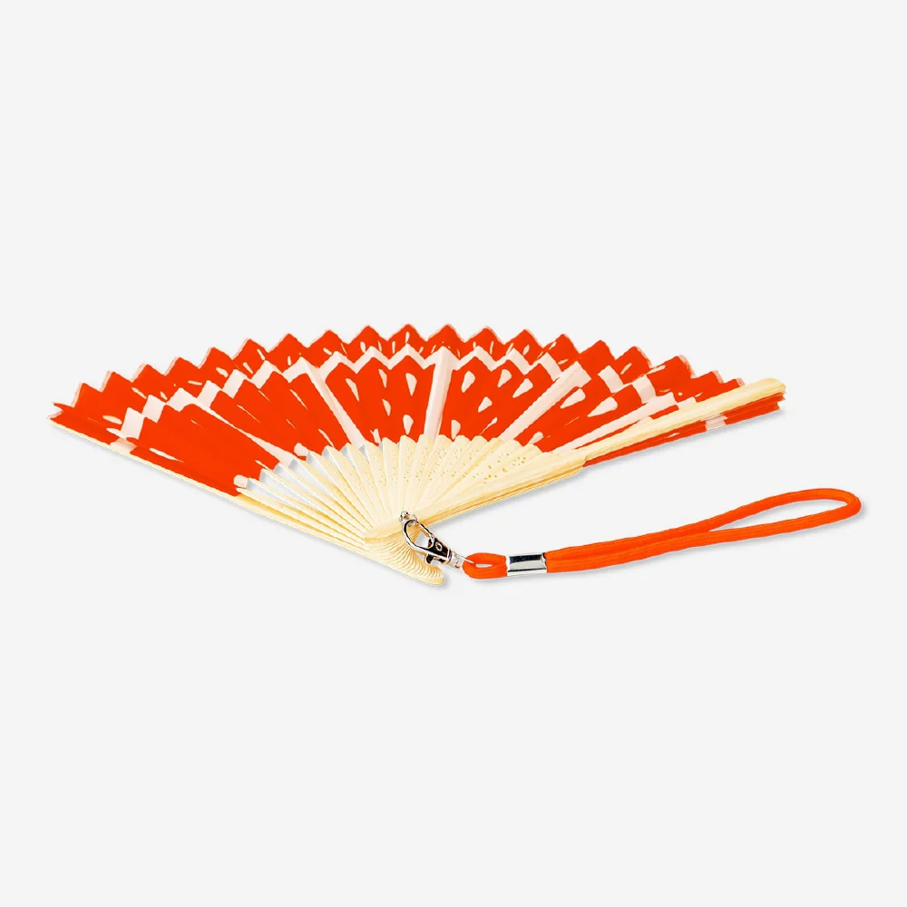Foldable bamboo fan with a strap - Orange print - Image 2