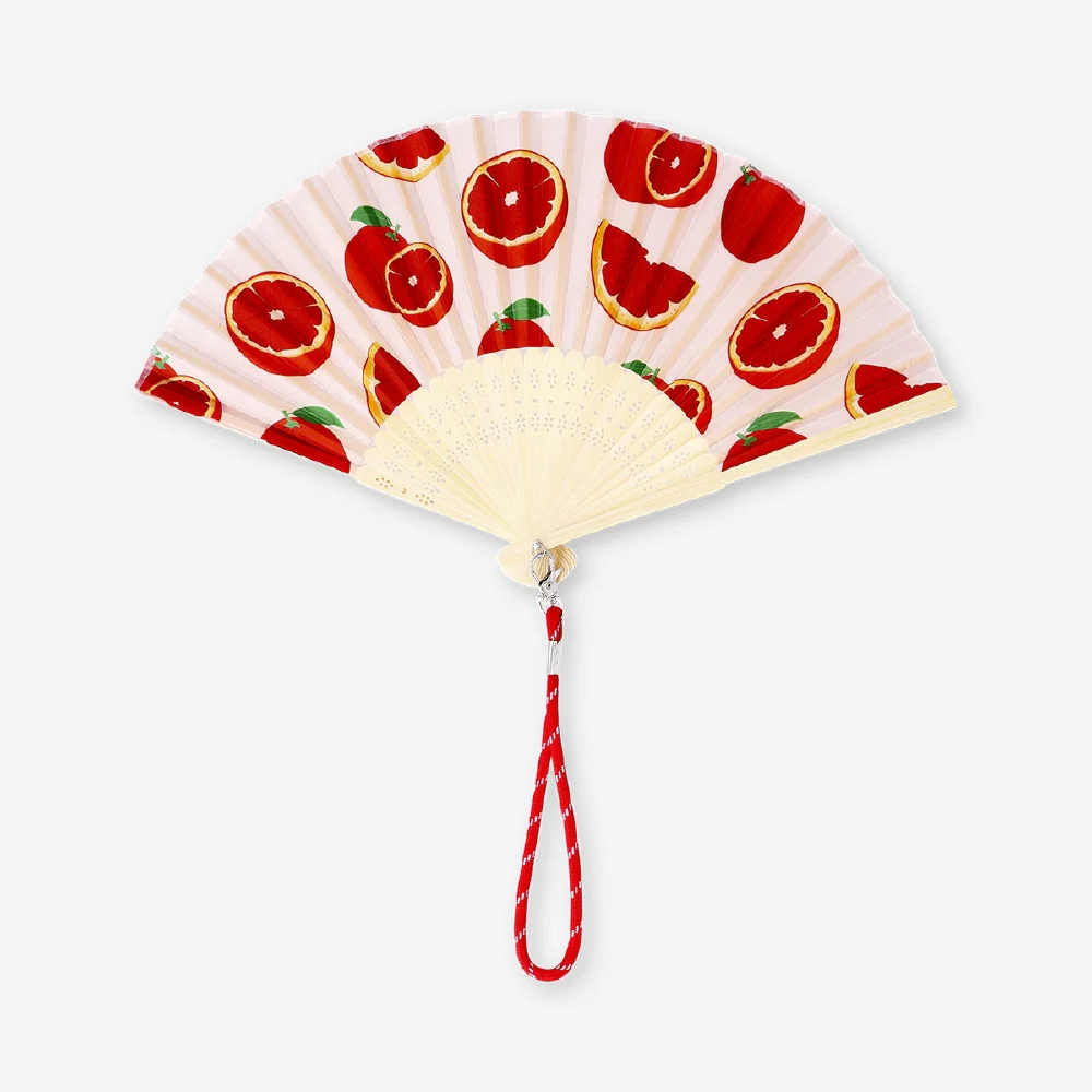 Foldable bamboo fan with a strap - Blood orange print