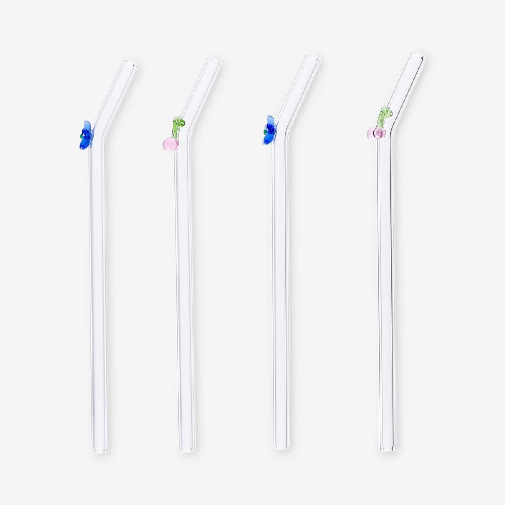 Glass straws with flower and cherry decorations - 4 pcs