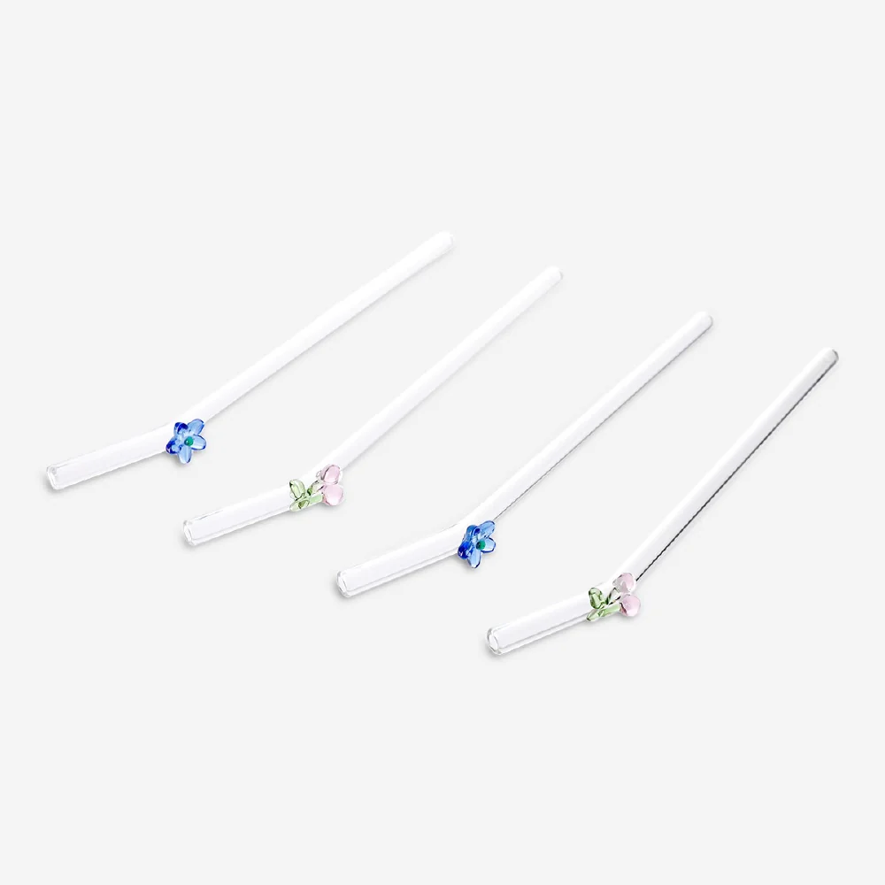 Glass straws with flower and cherry decorations - 4 pcs - Image 2
