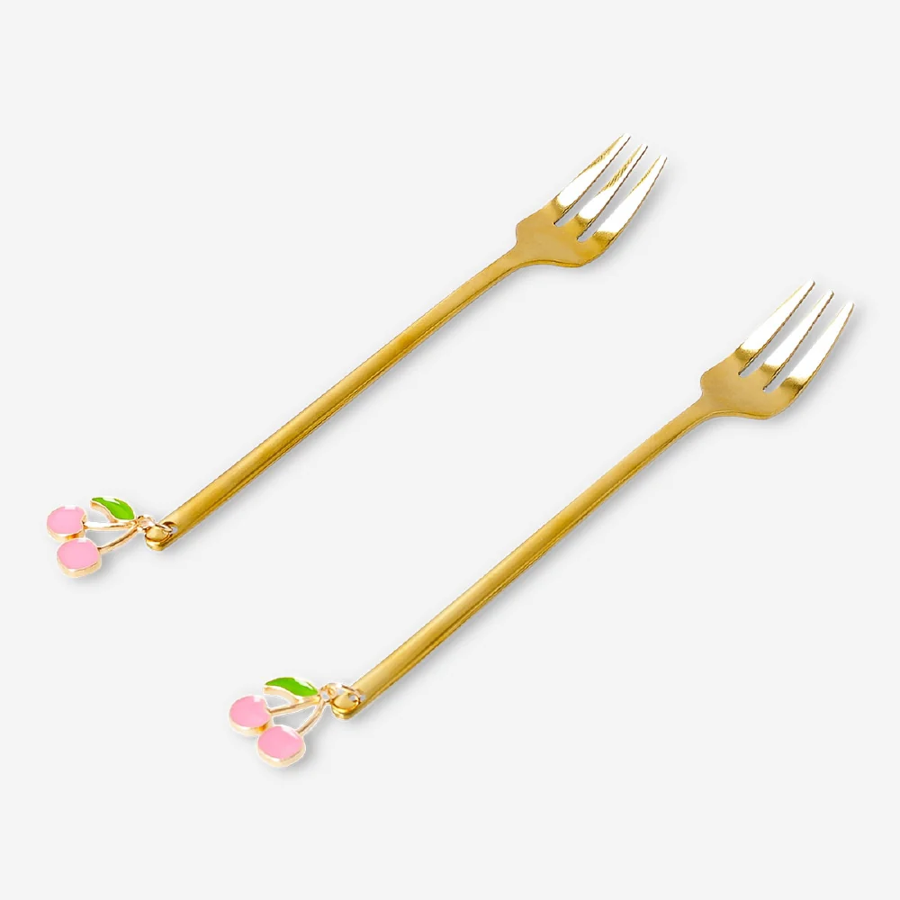 Gold dessert forks with cherry decorations - 2 pcs - Image 3