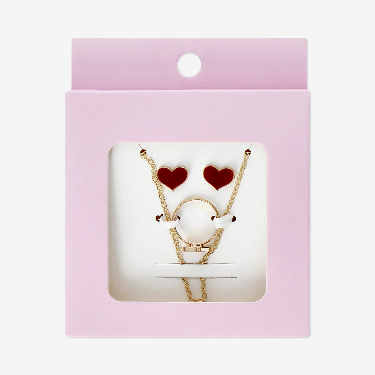 Gold jewellery set with red hearts - 3 pcs - Image 3