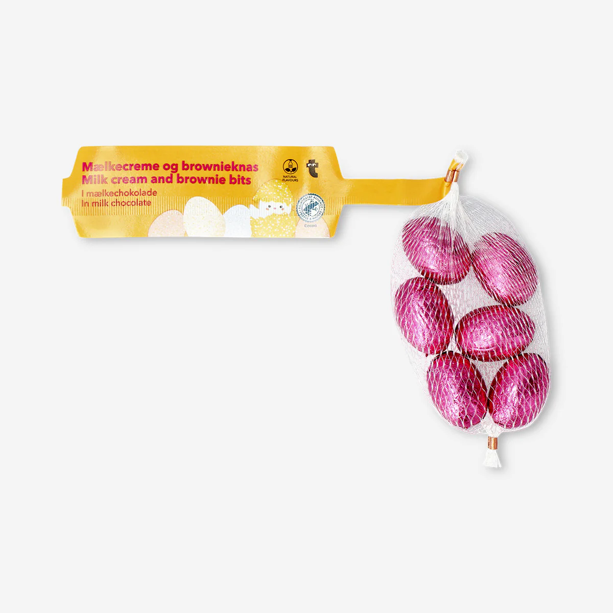 Pink milk chocolate eggs in net with milky cream filling and brownie