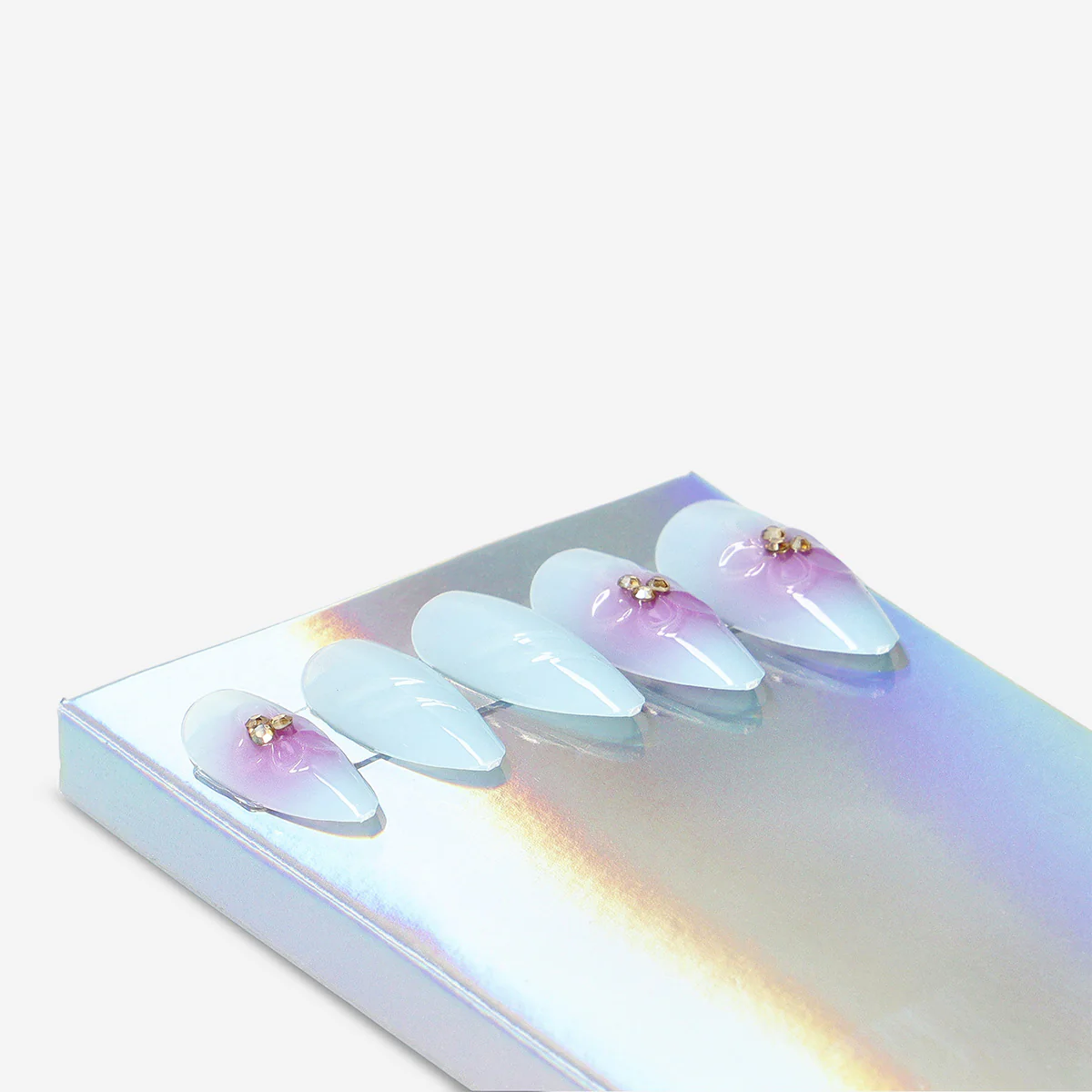 Press on nails - Blue flower with rhinestones - Image 3